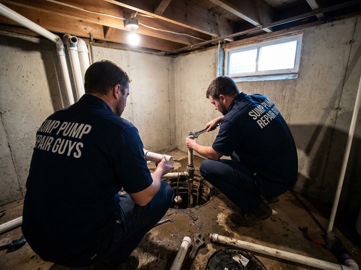 Sump pump technician repairing a basement sump pit in Cincinnati, Ohio
